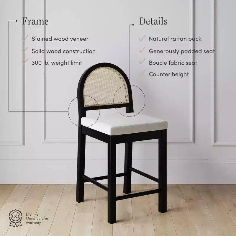 Curved Back Counter Height Barstool Rattan/Boucle Cream 24" Seat
