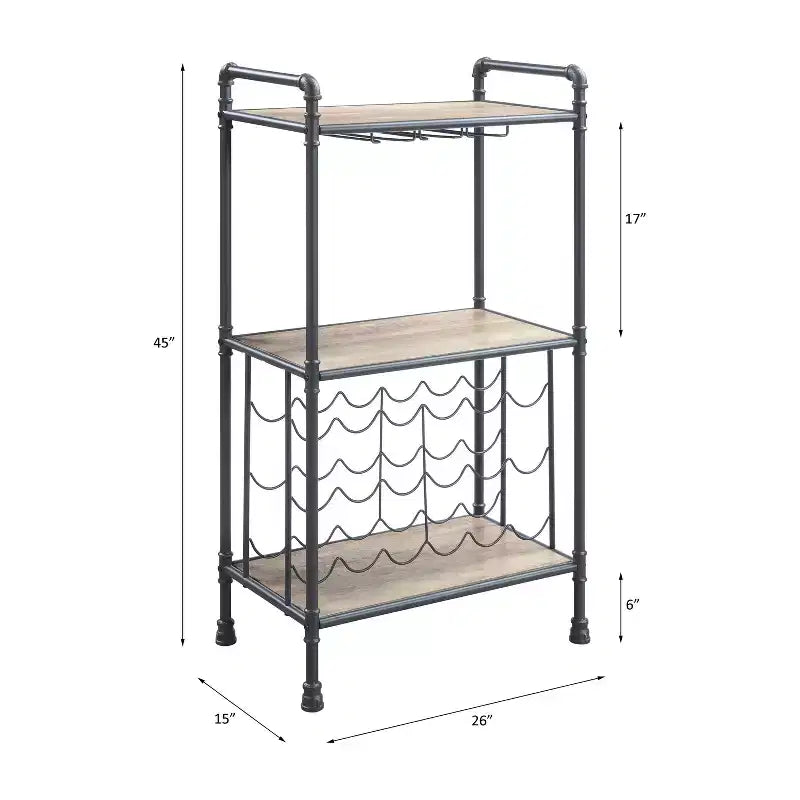 26" Floor Wine Bottle & Glass Rack Antique Oak and Sandy Gray