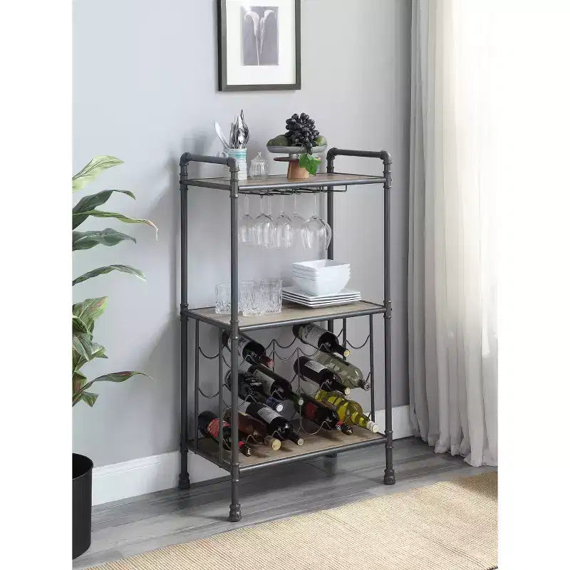 26" Floor Wine Bottle & Glass Rack Antique Oak and Sandy Gray