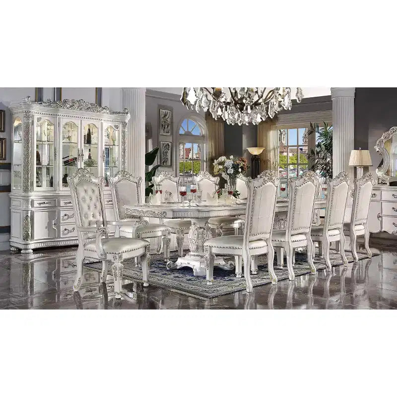 136" Classic Double Pedestal Dining Table Antique Pearl Finish – 10-Seater