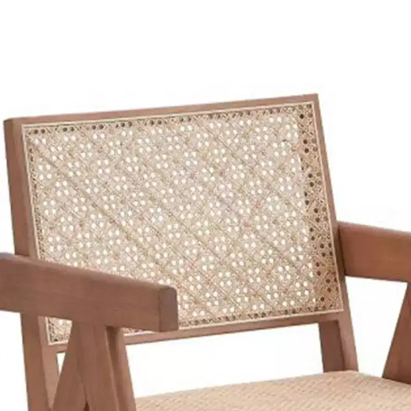 24" Rattan Accent Chair Natural Finish – Leather Upholstery, Tufted