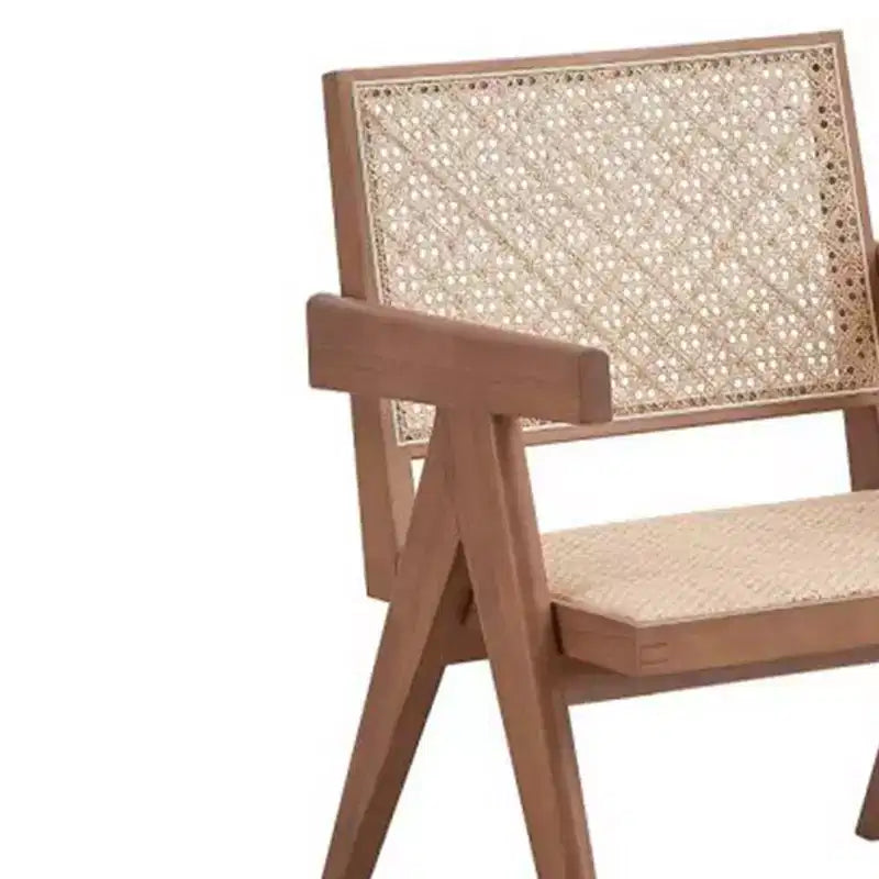 24" Rattan Accent Chair Natural Finish – Leather Upholstery, Tufted