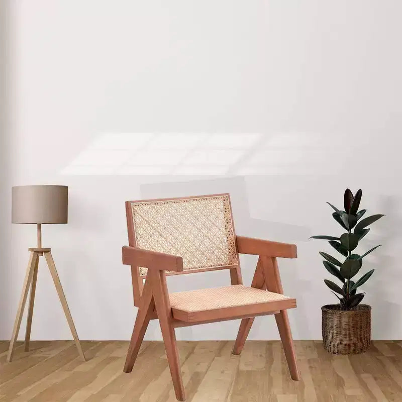 24" Rattan Accent Chair Natural Finish – Leather Upholstery, Tufted