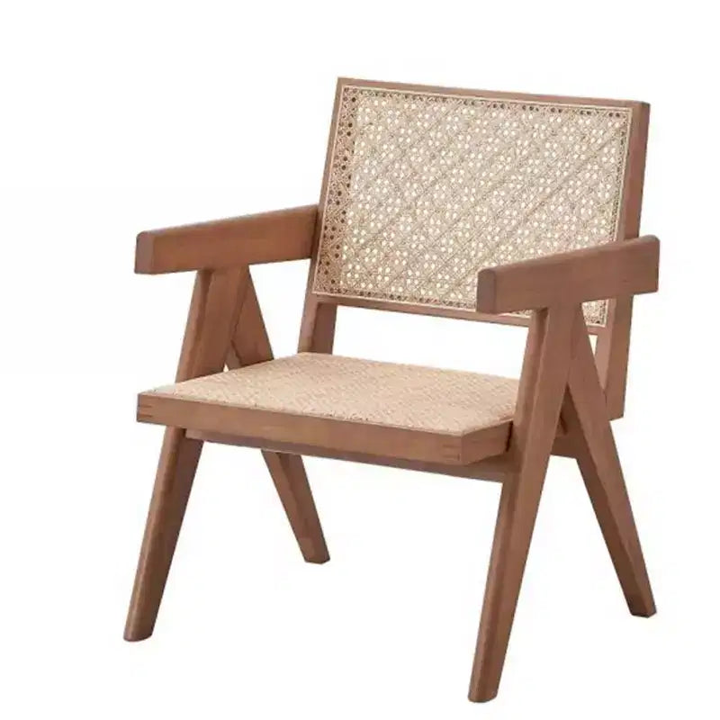 24" Rattan Accent Chair Natural Finish – Leather Upholstery, Tufted
