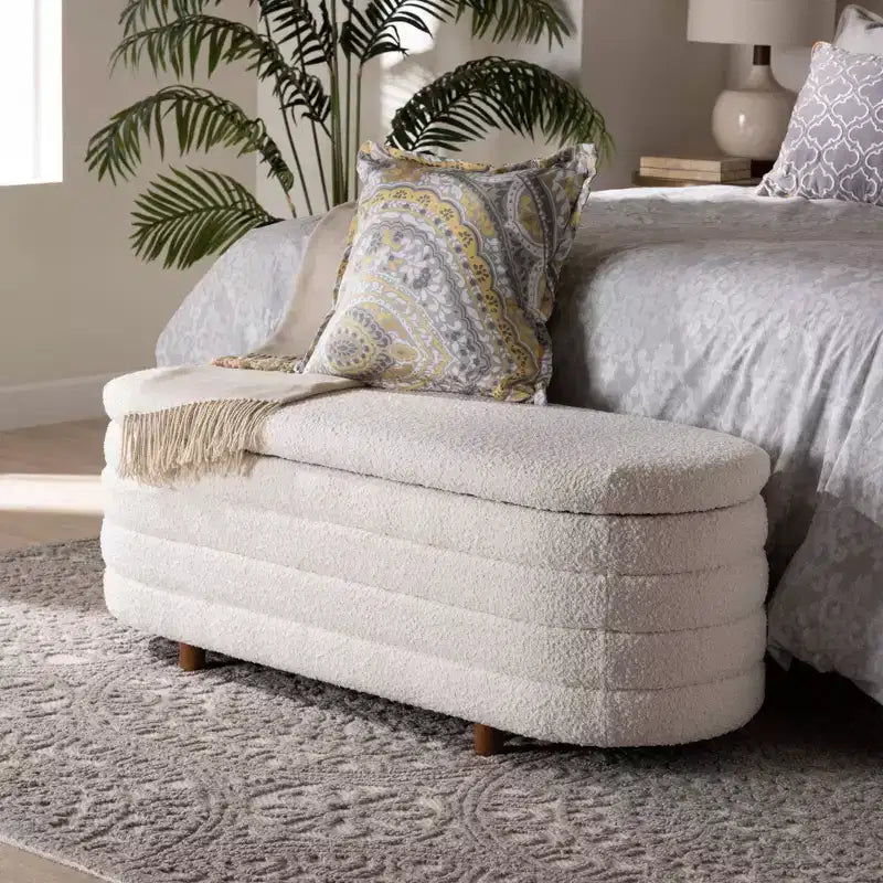 Lift-Top Storage Bench Boucle Cream/Walnut Brown
