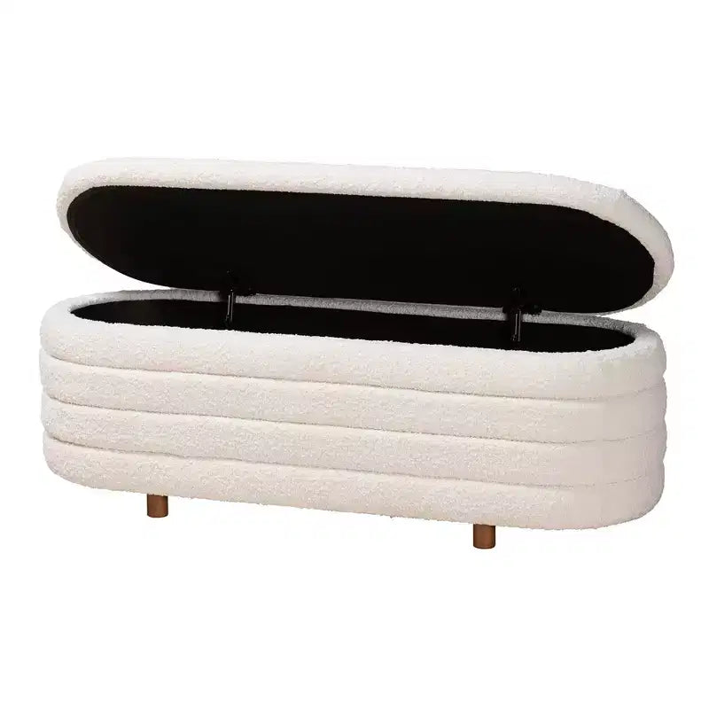Lift-Top Storage Bench Boucle Cream/Walnut Brown
