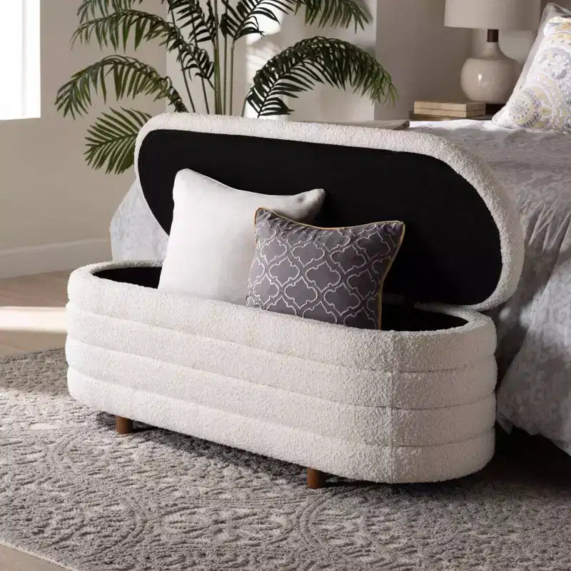 Lift-Top Storage Bench Boucle Cream/Walnut Brown