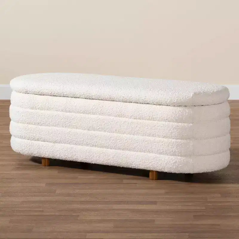Lift-Top Storage Bench Boucle Cream/Walnut Brown