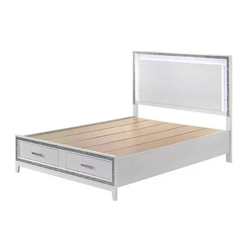 84" Eastern King Bed White – Faux Leather, LED Headboard, Storage Drawer