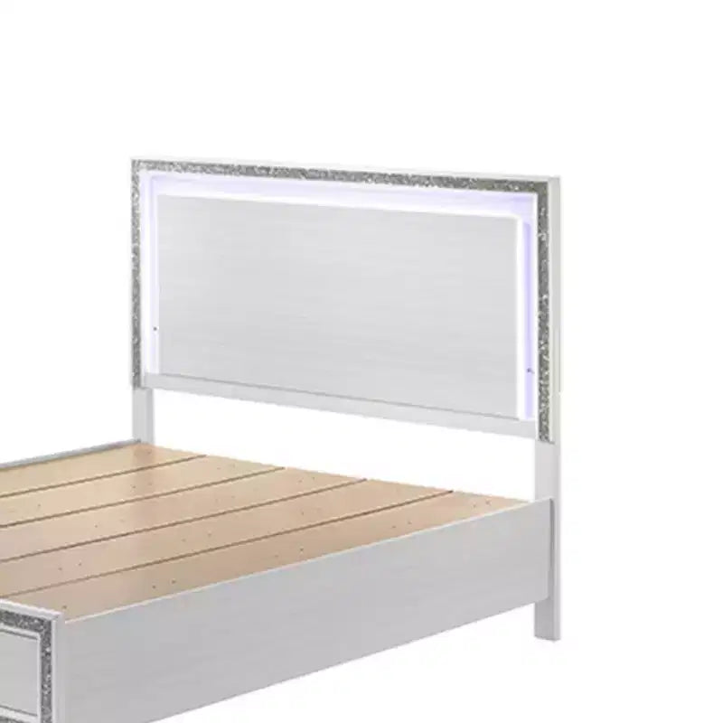 84" Eastern King Bed White – Faux Leather, LED Headboard, Storage Drawer