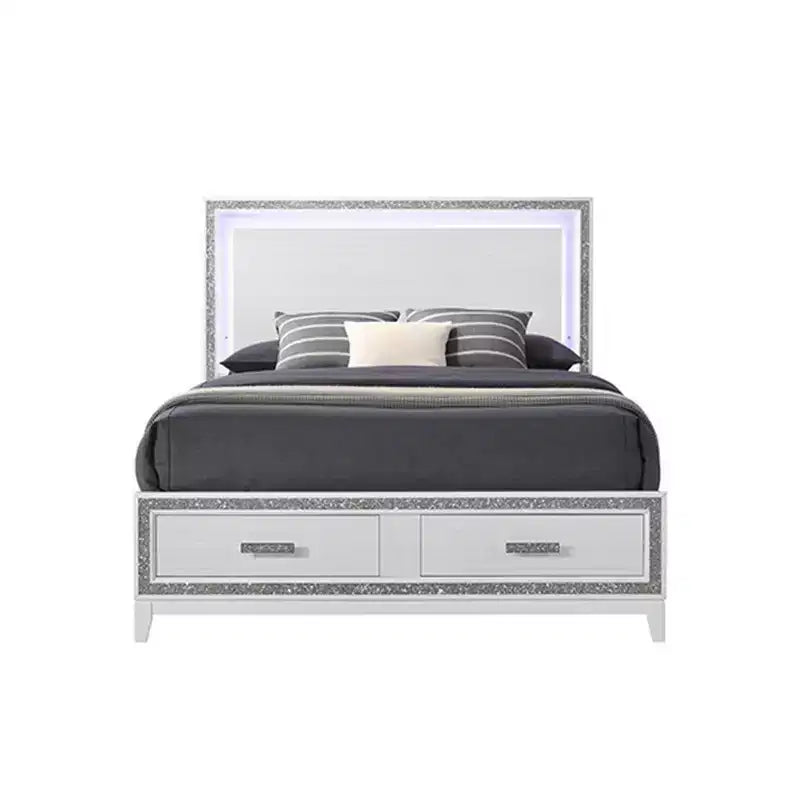 84" Eastern King Bed White – Faux Leather, LED Headboard, Storage Drawer