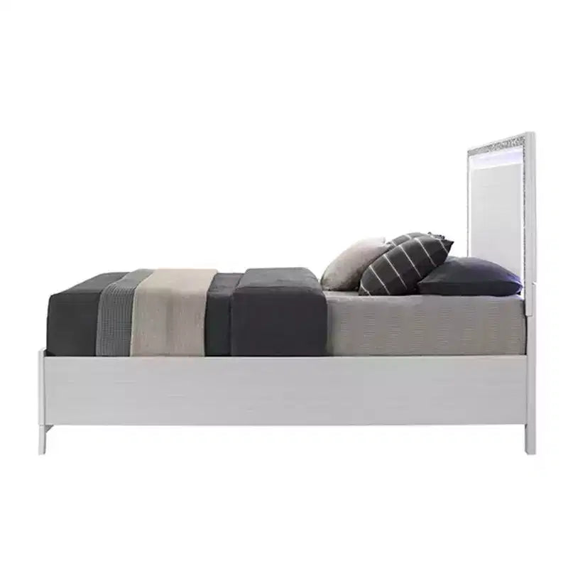 84" Eastern King Bed White – Faux Leather, LED Headboard, Storage Drawer