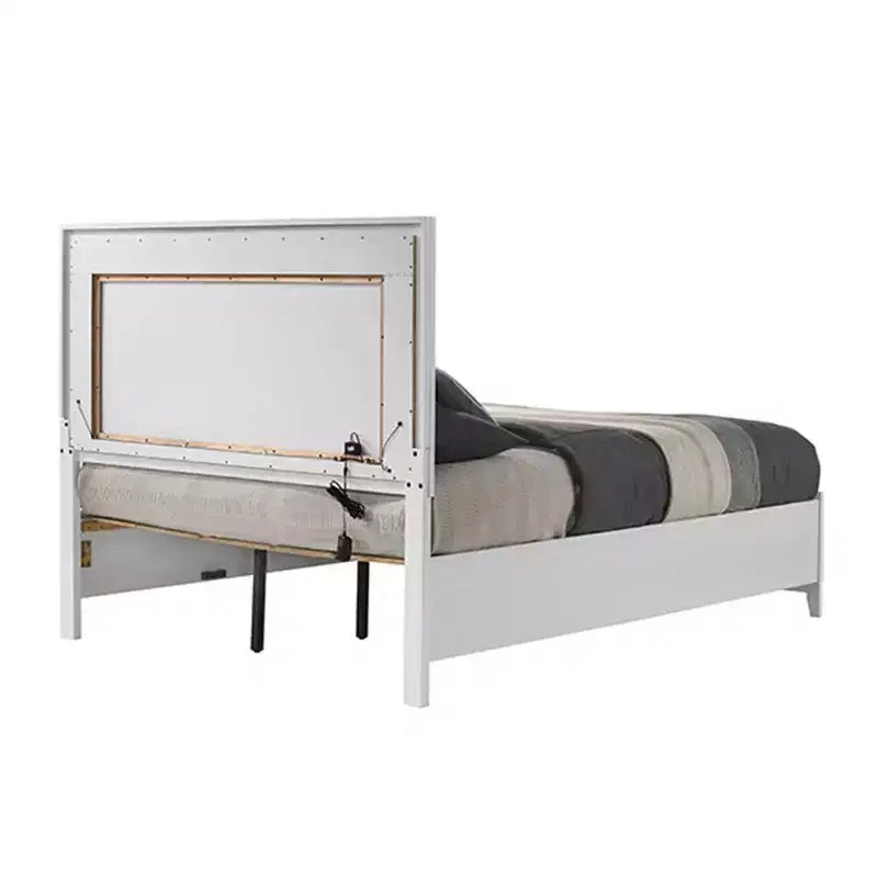 84" Eastern King Bed White – Faux Leather, LED Headboard, Storage Drawer