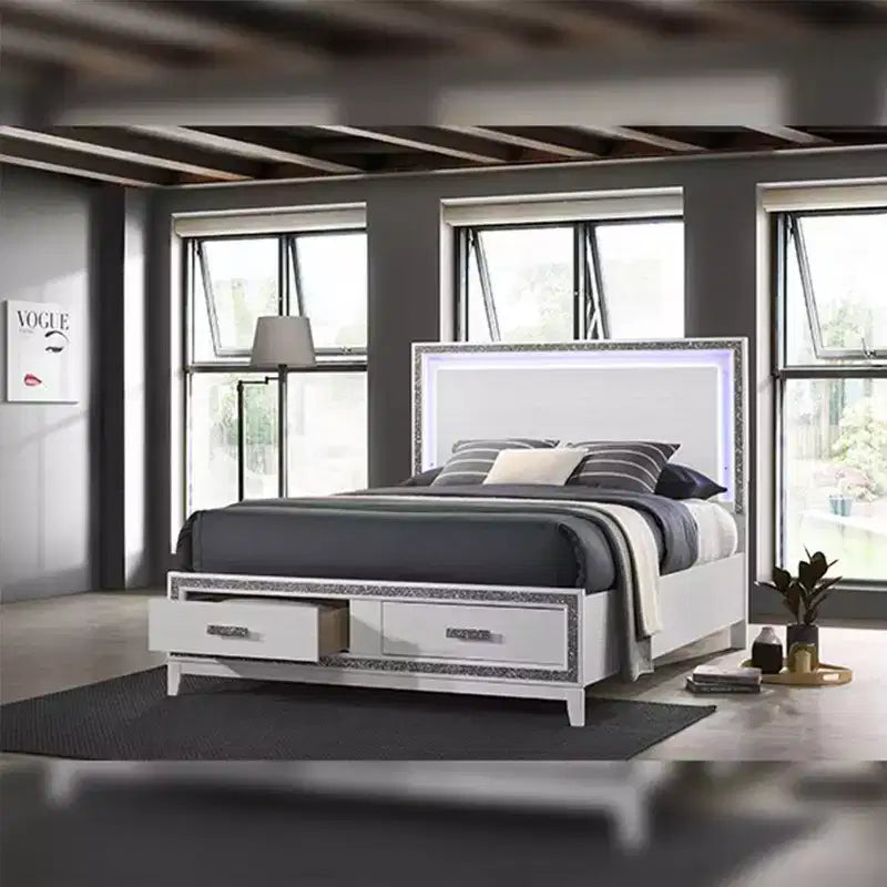 84" Eastern King Bed White – Faux Leather, LED Headboard, Storage Drawer