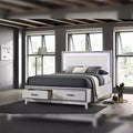 84" Eastern King Bed White – Faux Leather, LED Headboard, Storage Drawer