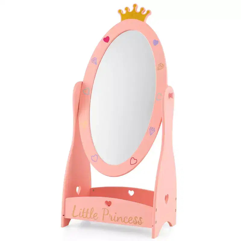 Miroir sur pied pleine longueur pour enfants, coiffeuse à 360°, princesse en bois, rose, avec rangement