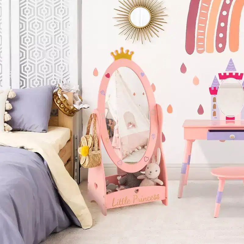 Miroir sur pied pleine longueur pour enfants, coiffeuse à 360°, princesse en bois, rose, avec rangement