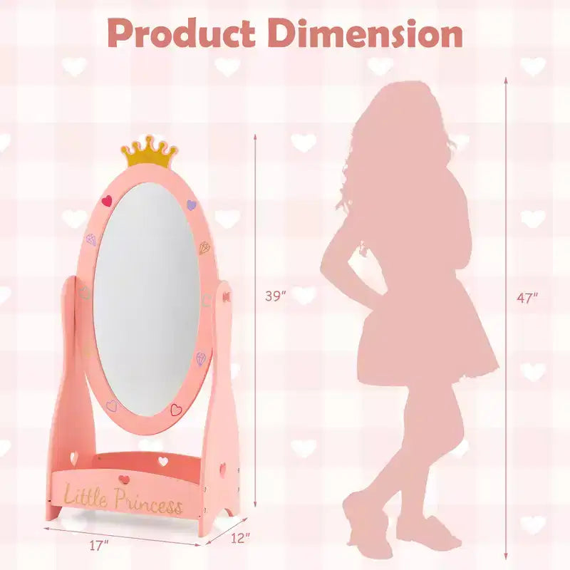 Miroir sur pied pleine longueur pour enfants, coiffeuse à 360°, princesse en bois, rose, avec rangement