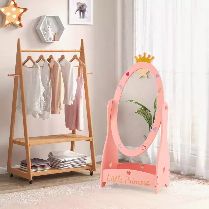 Miroir sur pied pleine longueur pour enfants, coiffeuse à 360°, princesse en bois, rose, avec rangement