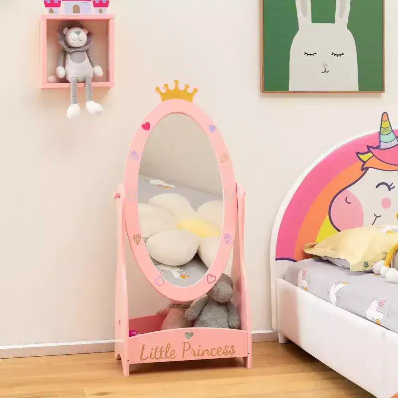 Costway Miroir sur Pied pour Enfants, Psyché 360°, Meuble de Rangement en Bois, Princesse Rose
