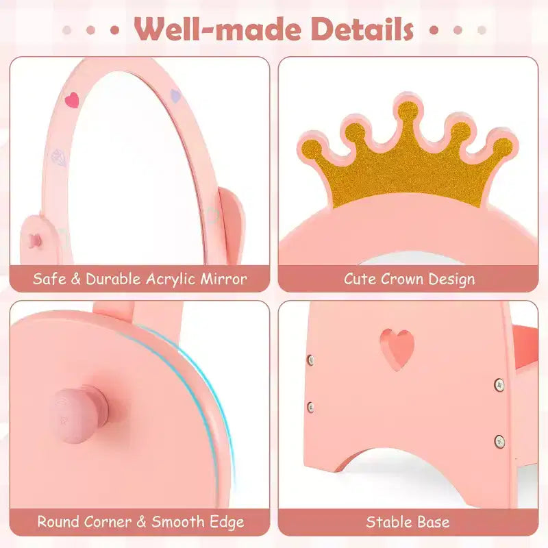 Miroir sur pied pleine longueur pour enfants, coiffeuse à 360°, princesse en bois, rose, avec rangement