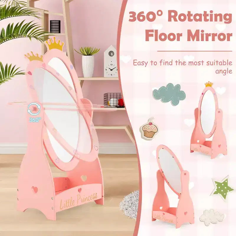 Miroir sur pied pleine longueur pour enfants, coiffeuse à 360°, princesse en bois, rose, avec rangement