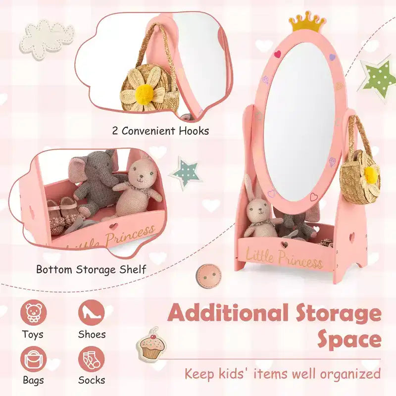 Miroir sur pied pleine longueur pour enfants, coiffeuse à 360°, princesse en bois, rose, avec rangement