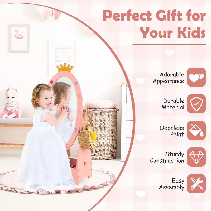 Miroir sur pied pleine longueur pour enfants, coiffeuse à 360°, princesse en bois, rose, avec rangement