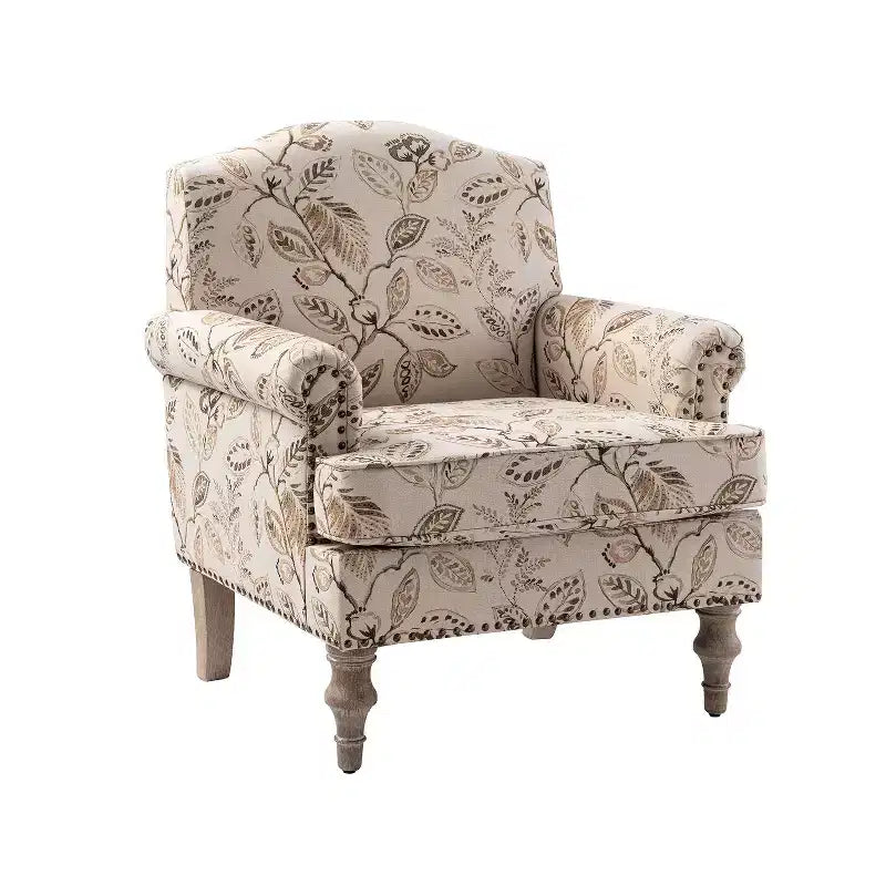 Fauteuil à accoudoirs pleins et dossier en forme de bosse de chameau Yahweh en bois de transition, avec garniture en tissu à motifs floraux | ART OF LIVING DES