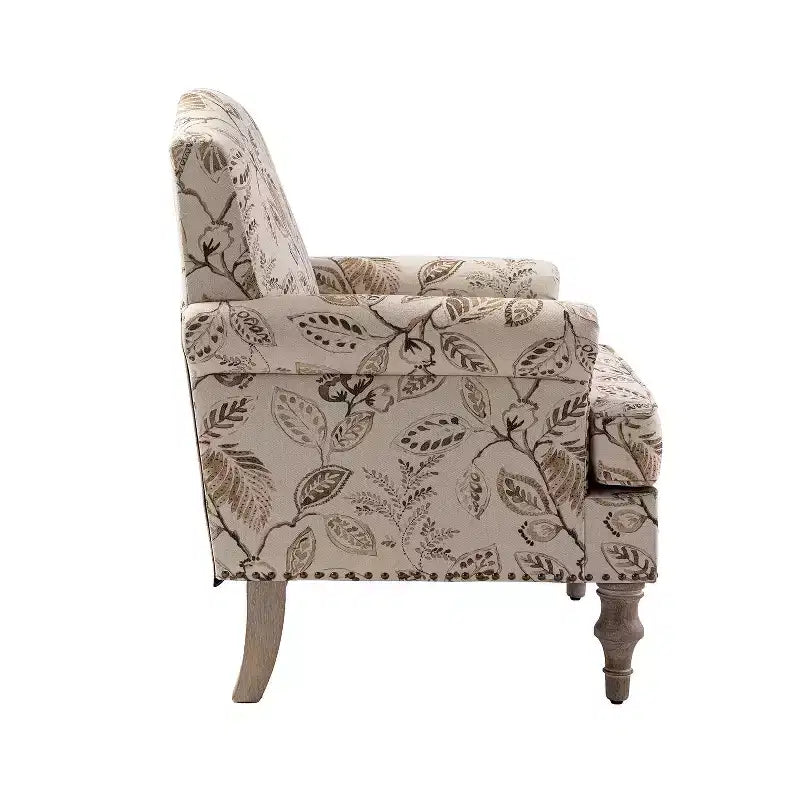Fauteuil à accoudoirs pleins et dossier en forme de bosse de chameau Yahweh en bois de transition, avec garniture en tissu à motifs floraux | ART OF LIVING DES