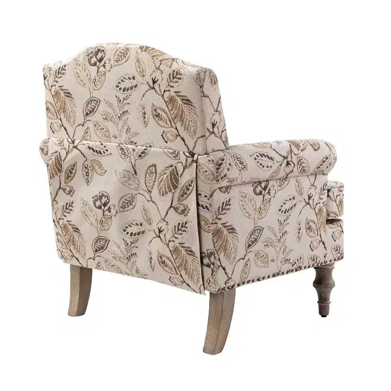 Fauteuil à accoudoirs pleins et dossier en forme de bosse de chameau Yahweh en bois de transition, avec garniture en tissu à motifs floraux | ART OF LIVING DES