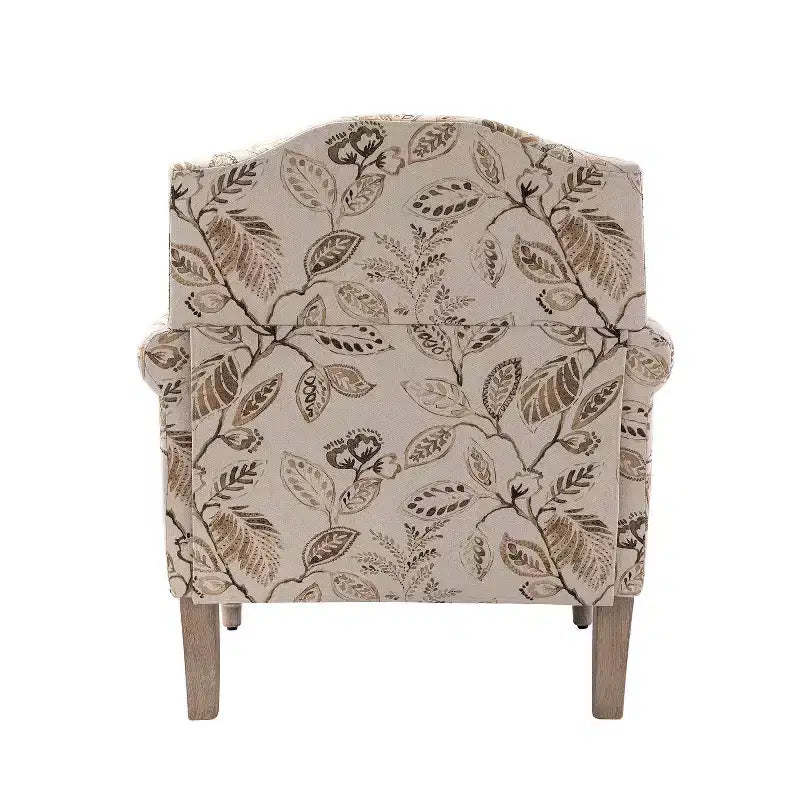 Fauteuil à accoudoirs pleins et dossier en forme de bosse de chameau Yahweh en bois de transition, avec garniture en tissu à motifs floraux | ART OF LIVING DES