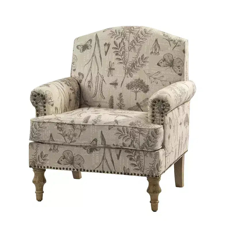 Fauteuil à accoudoirs pleins et dossier en forme de bosse de chameau Yahweh en bois de transition, avec garniture en tissu à motifs floraux | ART OF LIVING DES