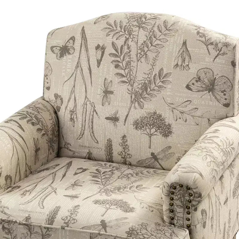 Fauteuil à accoudoirs pleins et dossier en forme de bosse de chameau Yahweh en bois de transition, avec garniture en tissu à motifs floraux | ART OF LIVING DES