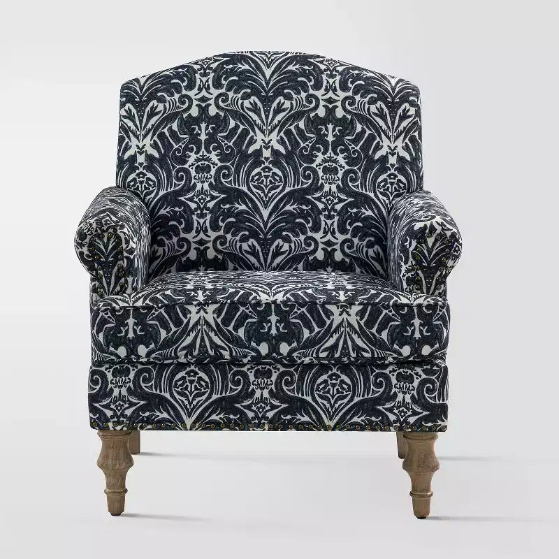 Fauteuil à accoudoirs pleins et dossier en forme de bosse de chameau Yahweh en bois de transition, avec garniture en tissu à motifs floraux | ART OF LIVING DES