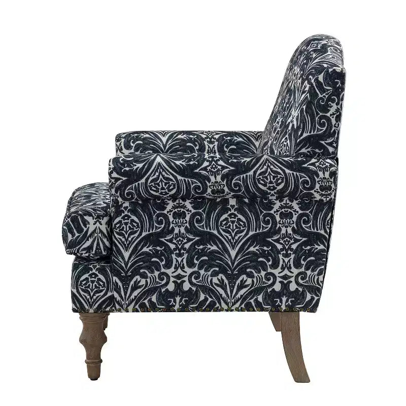 Fauteuil à accoudoirs pleins et dossier en forme de bosse de chameau Yahweh en bois de transition, avec garniture en tissu à motifs floraux | ART OF LIVING DES