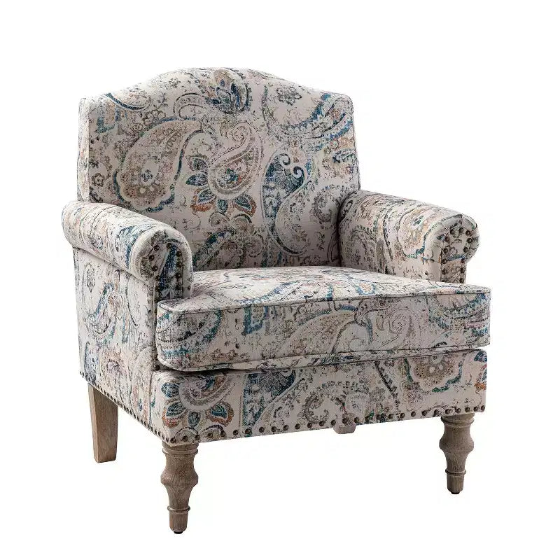 Fauteuil à accoudoirs pleins et dossier en forme de bosse de chameau Yahweh en bois de transition, avec garniture en tissu à motifs floraux | ART OF LIVING DES