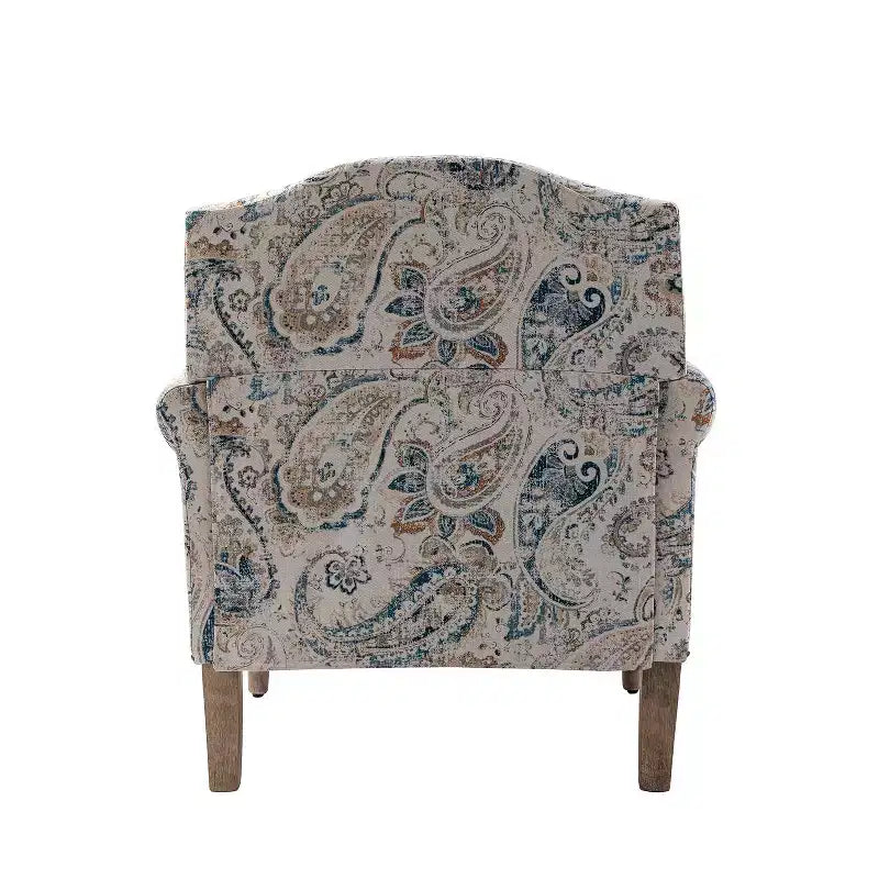 Fauteuil à accoudoirs pleins et dossier en forme de bosse de chameau Yahweh en bois de transition, avec garniture en tissu à motifs floraux | ART OF LIVING DES