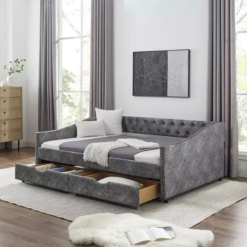 Full Size Button Tufted Sofa Bed with Drawers and Wave Arms Gray