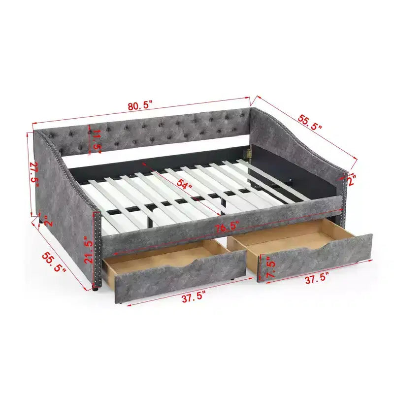 Full Size Button Tufted Sofa Bed with Drawers and Wave Arms Gray