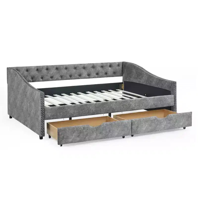 Full Size Button Tufted Sofa Bed with Drawers and Wave Arms Gray