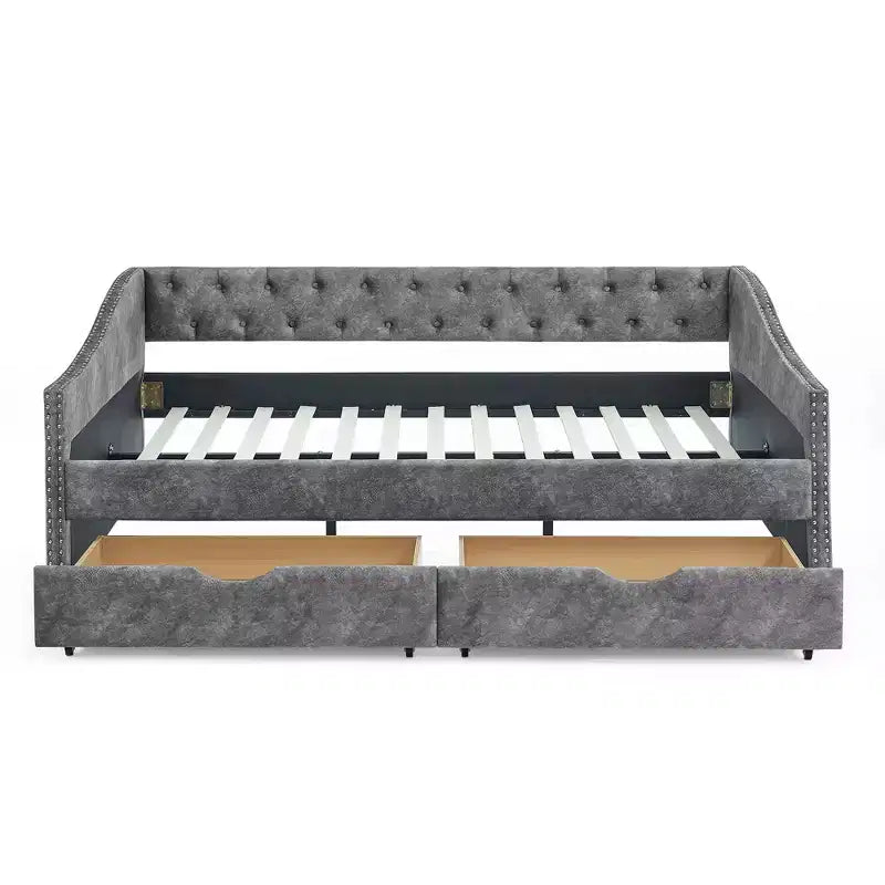 Full Size Button Tufted Sofa Bed with Drawers and Wave Arms Gray