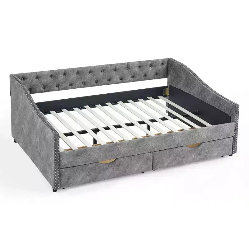 Full Size Button Tufted Sofa Bed with Drawers and Wave Arms Gray