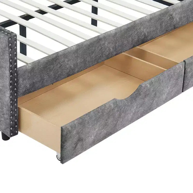 Full Size Button Tufted Sofa Bed with Drawers and Wave Arms Gray