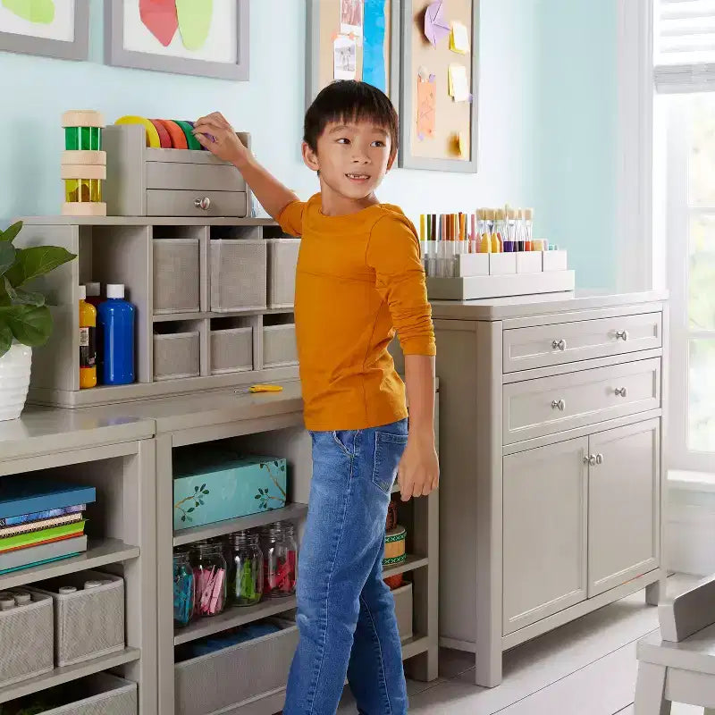 Kids Double Open Storage Unit with Fabric Bins for Arts and Crafts