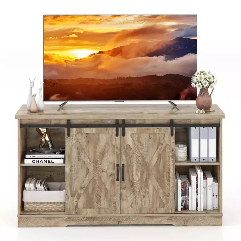 Farmhouse TV Stand with Sliding Barn Doors and Adjustable Shelves for TVs up to 65"