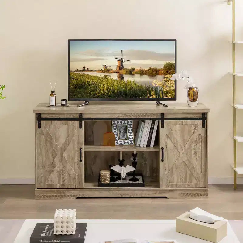 Farmhouse TV Stand with Sliding Barn Doors and Adjustable Shelves for TVs up to 65"