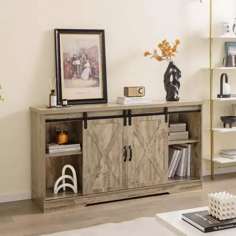 Farmhouse TV Stand with Sliding Barn Doors and Adjustable Shelves for TVs up to 65"