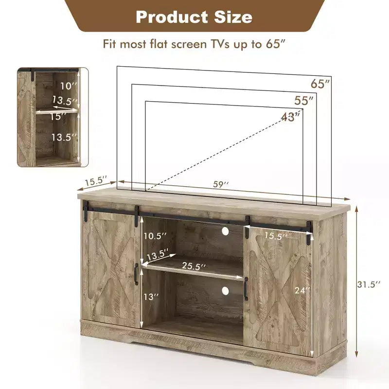 Farmhouse TV Stand with Sliding Barn Doors and Adjustable Shelves for TVs up to 65"