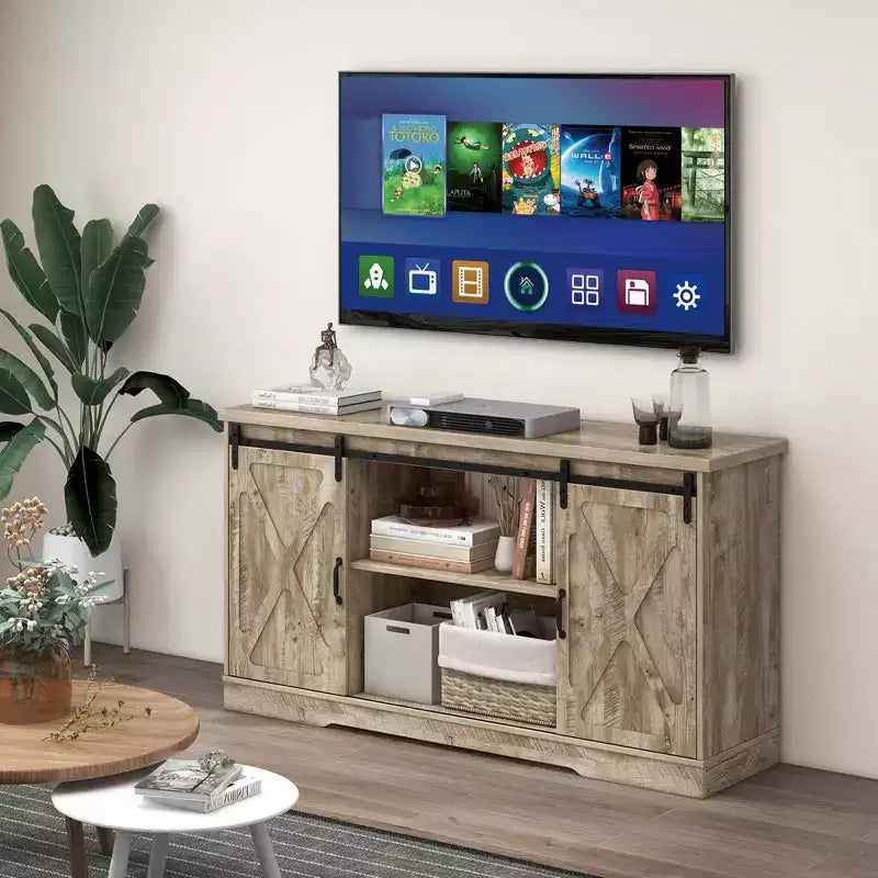 Farmhouse TV Stand with Sliding Barn Doors and Adjustable Shelves for TVs up to 65"